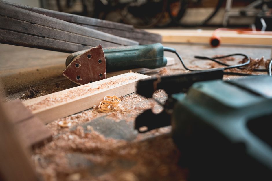 Close up of woodworking tools and solid wood grain