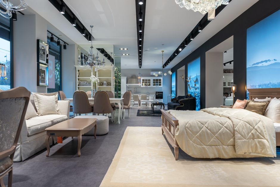 Interior of a modern custom furniture showroom